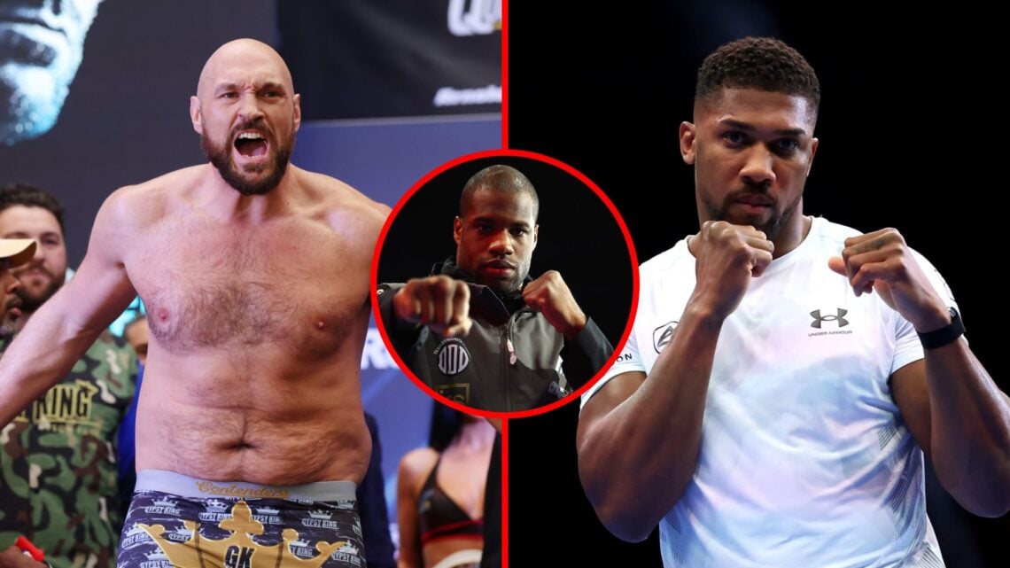 Tyson Fury weighing-in and Anthony Joshua at an open workout with an inset of Daniel Dubois