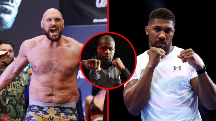 Tyson Fury weighing-in and Anthony Joshua at an open workout with an inset of Daniel Dubois