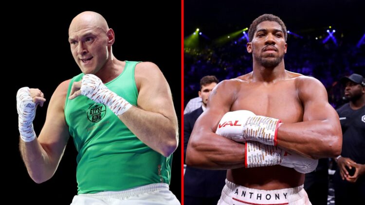 Split image of Tyson Fury at an open workout and Anthony Joshua after defeating Andy Ruiz Jr.
