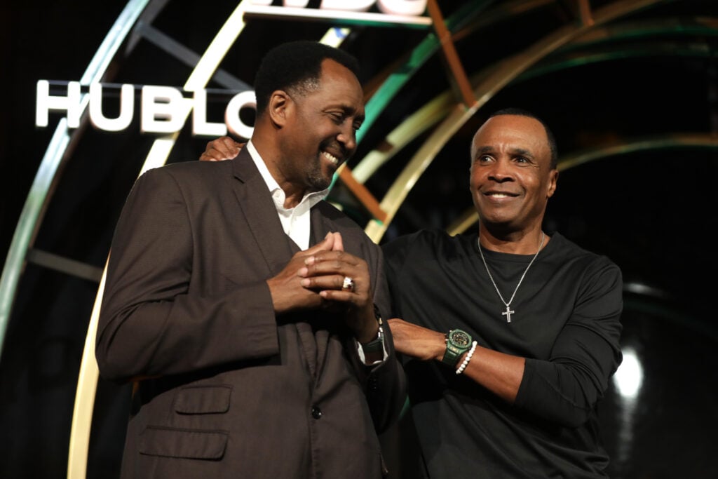 Sugar Ray Leonard and Thomas Hearns pose at the "Night of Champions" Gala