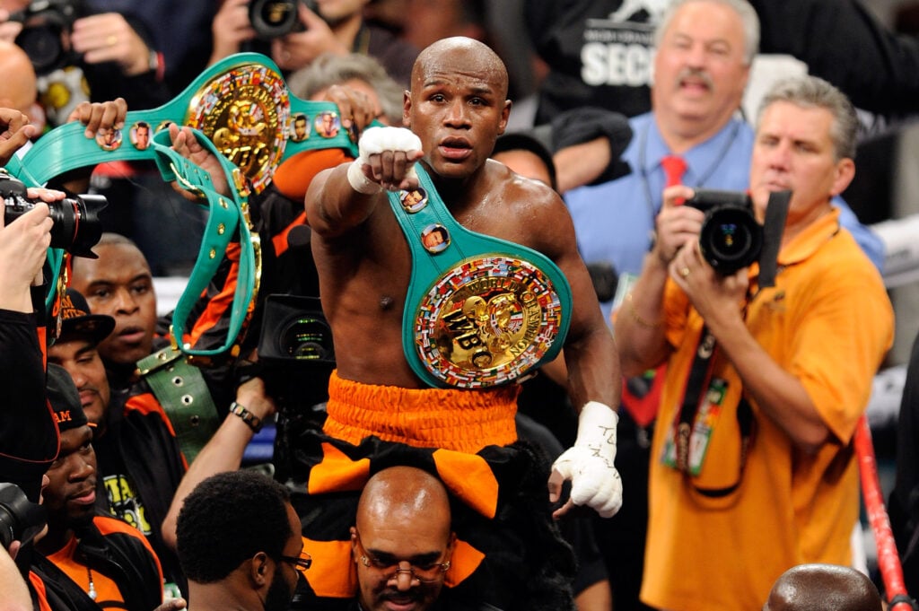 Floyd Mayweather celebrating his win over Victor Ortiz