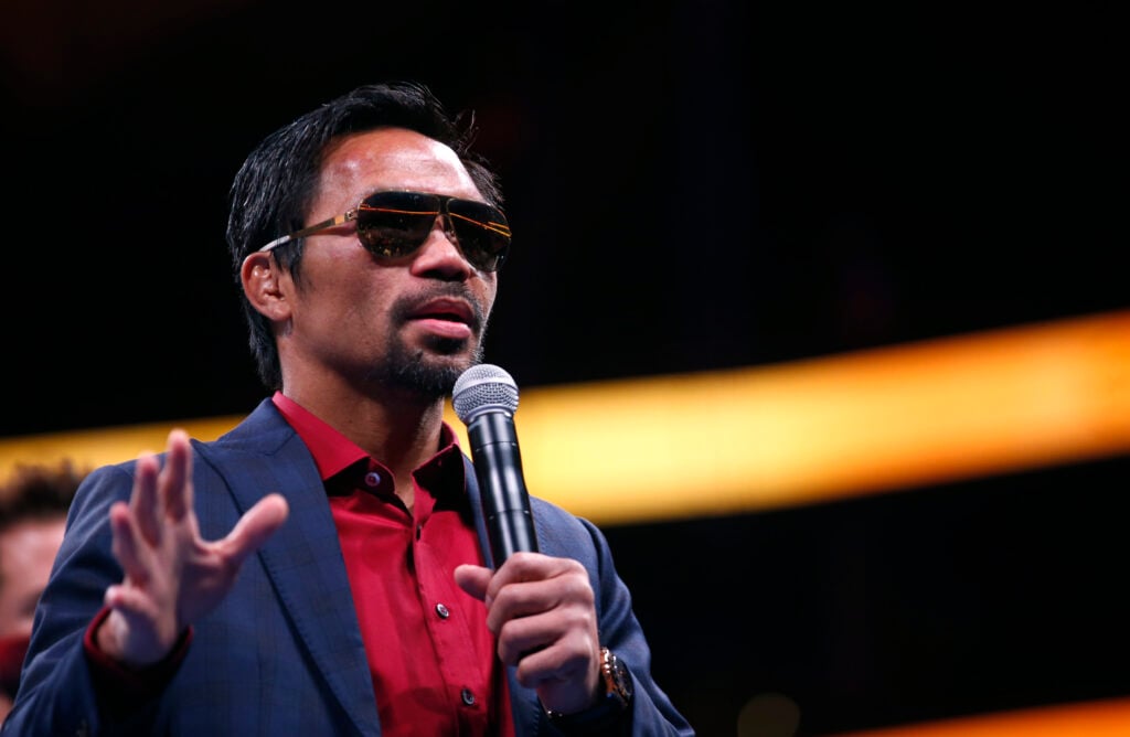 Manny Pacquiao speaks before his fight against Yordenis Ugás
