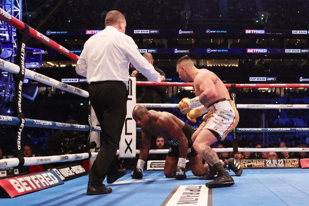 Kevin Lerena stands over Daniel Dubois after dropping him