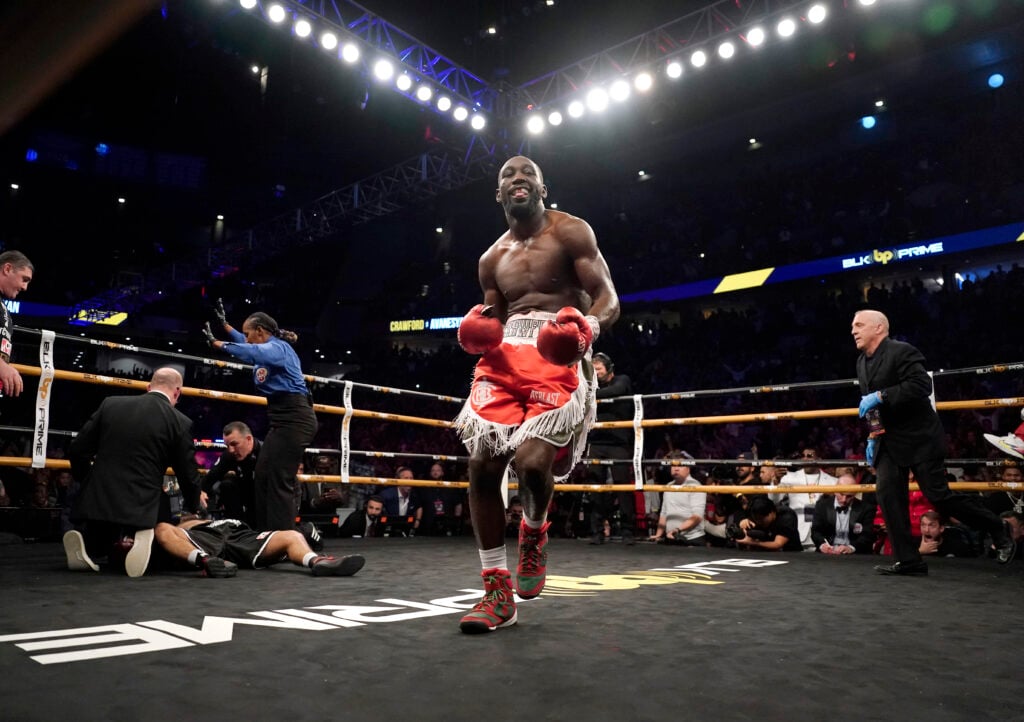 Terence Crawford celebrates his KO win over David Avanesyan