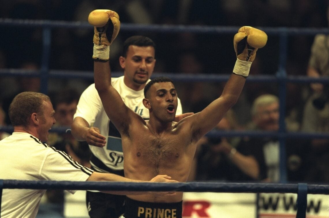 19 Jun 1997:  Naseem Hamed of Great Britain celebrates his win over Juan Cabrera of Argentina during the WBO Featherweight Championship at Wembley ...
