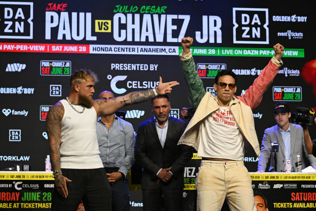Jake Paul and Julio Cesar Chavez Jr. pose at their Press Conference