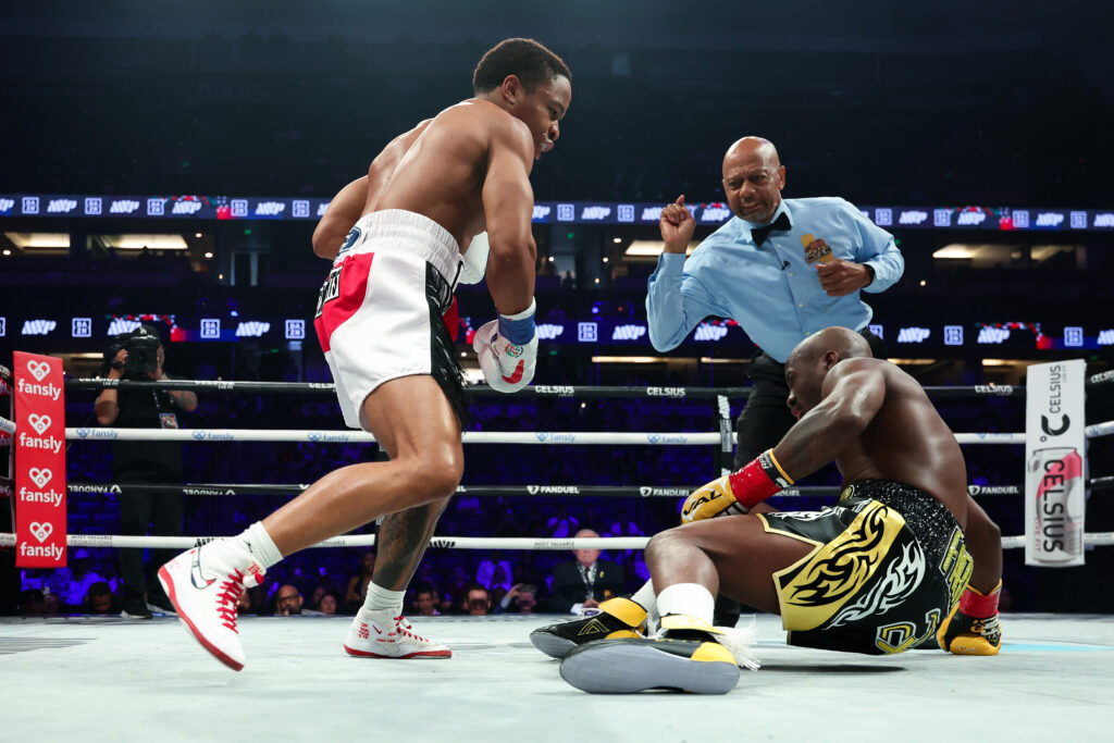 Floyd Schofield stands over Tevin Farmer after flattening him with brutal KO