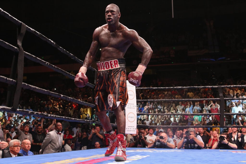 Deontay Wilder walking around in the ring celebrating win against Johann Duhaupas