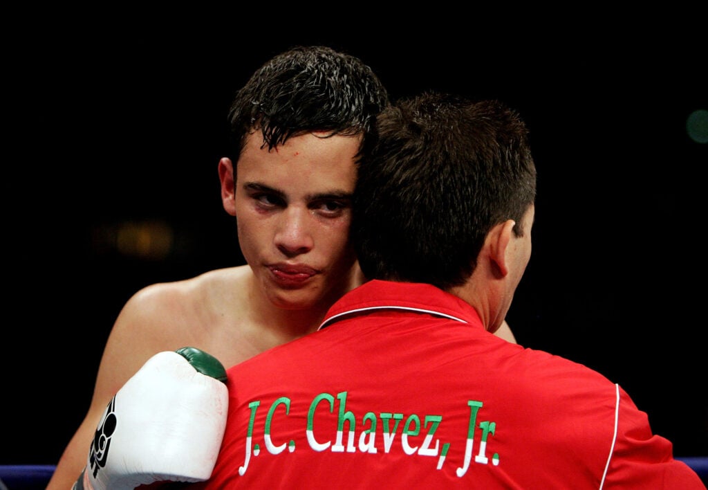 Julio Cesar Chavez Jr. hugs Julio Cesar Chavez Sr.
