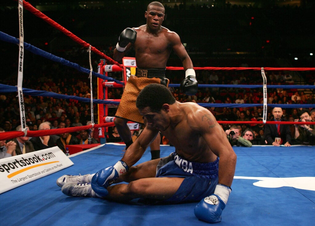 Floyd Mayweather drops Sharmba Mitchell