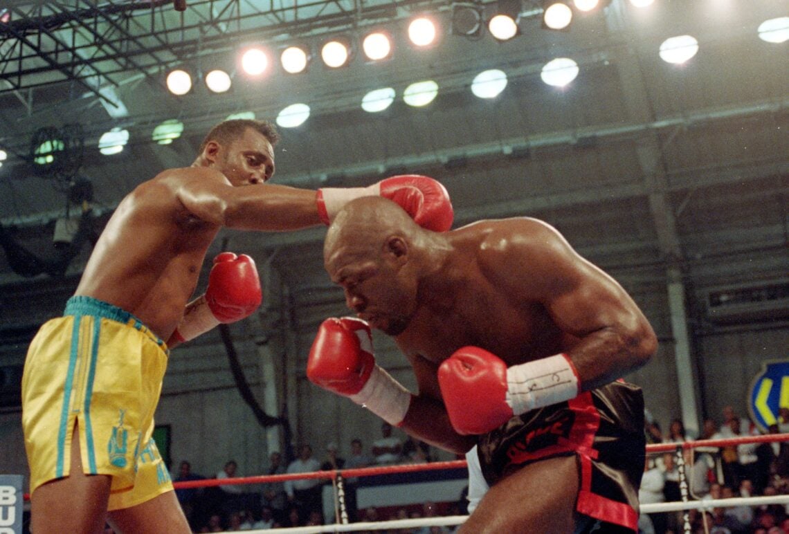 20 Mar 1992: Tommy Hearns makes a right hook during a fight against Iran Barkley at Caesars Palace in Las Vegas, Nevada. Mandatory Credit: Gary New...