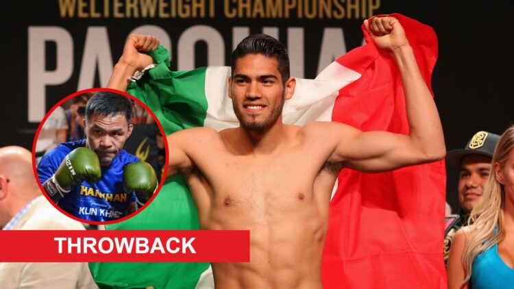 Gilberto Ramirez weighing-in with an inset of Manny Pacquiao