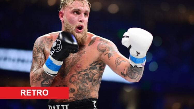Jake Paul during his fight with Mike Perry with retro label