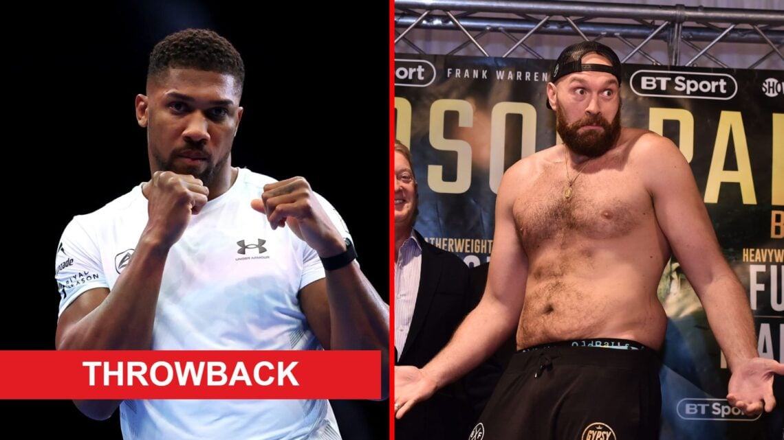 Split image of Anthony Joshua at an open workout and Tyson Fury weighing-in with throwback label