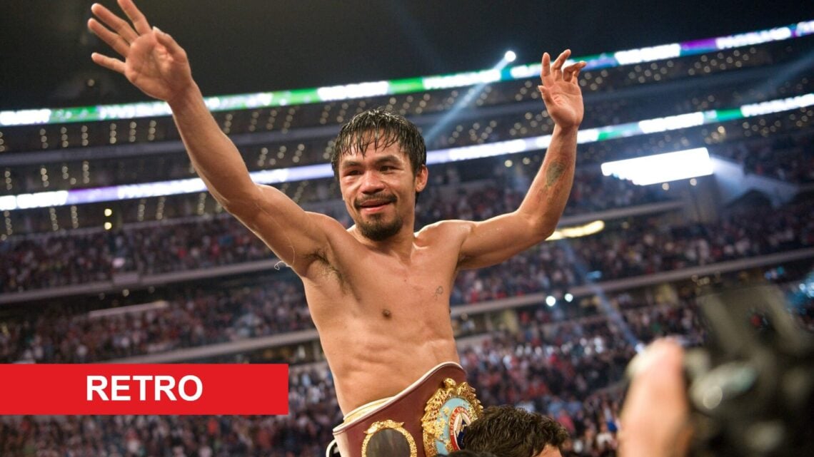 Manny Pacquiao celebrates defeating Joshua Clottey with retro label
