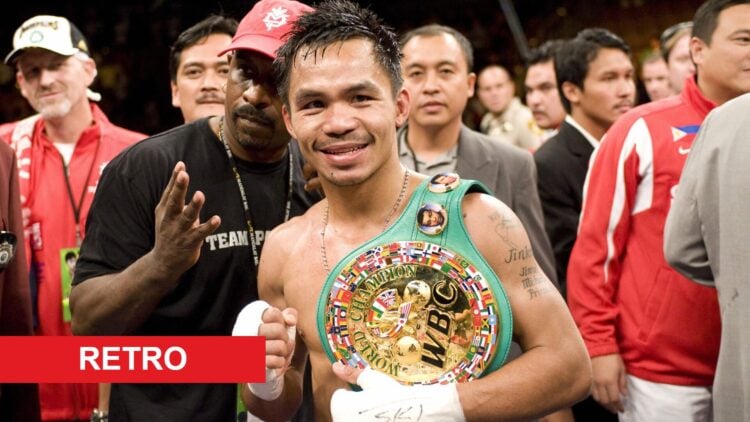 Manny Pacquiao celebrates defeating David Diaz with retro label