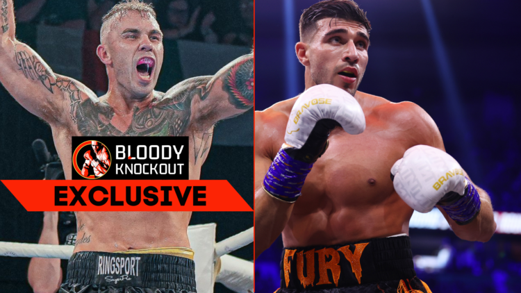 Split image of Matty Floyd celebrating a win and Tommy Fury boxing KSI with exclusive banner
