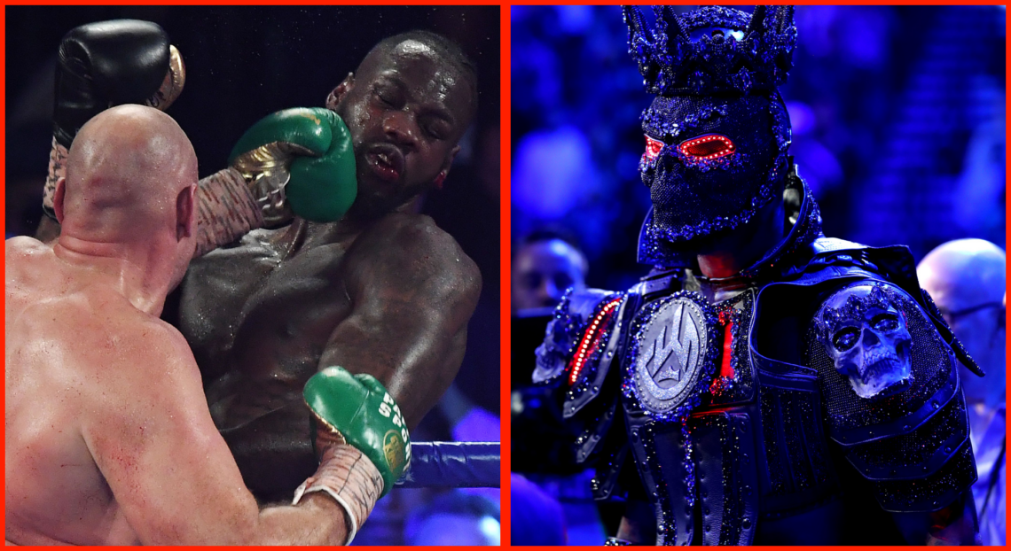 Tyson Fury punches Deontay Wilder during their heavyweight rematch, opposite Wilder making his ring walk with a costume