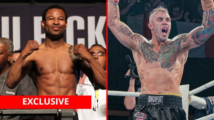 Split image of Shane Mosley weighing to fight Floyd Mayweather and Matty Floyd celebrating a win with exclusive banner