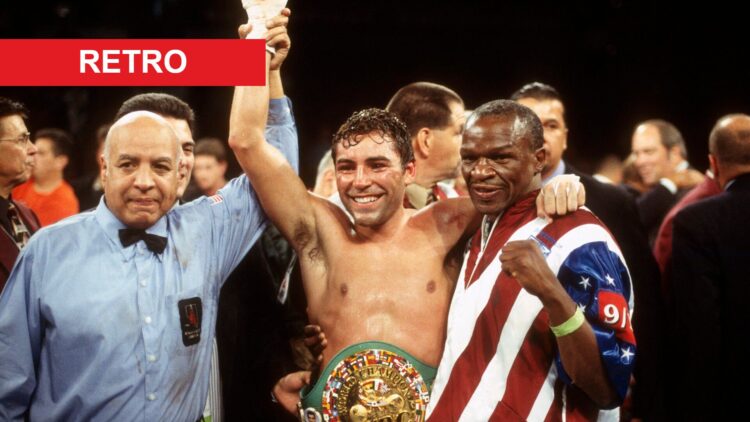 Oscar De La Hoya celebrates defeating Fernando Vargas with retro label