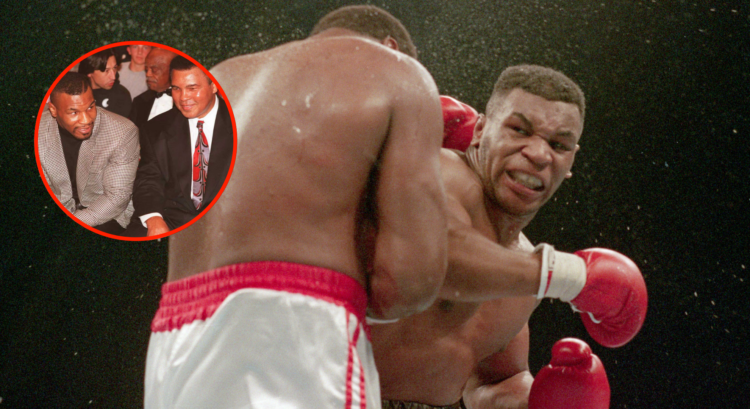 Mike Tyson punches Larry Holmes during their heavyweight bout, inset Tyson and Muhammad Ali attending an event at UNLV