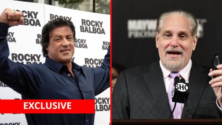 Split image of Sylvester Stallone at a media event and Al Bernstein at a press conference with exclusive banner