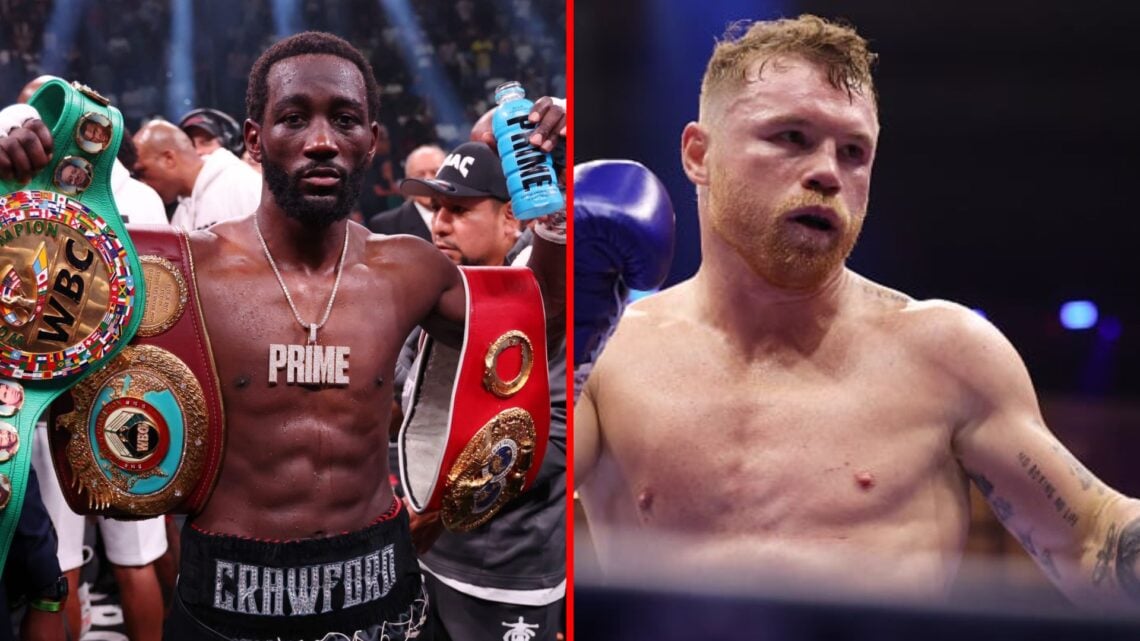 Split image of Terence Crawford celebrating defeating Errol Spence Jr. and Canelo Alvarez during his fight with William Scull