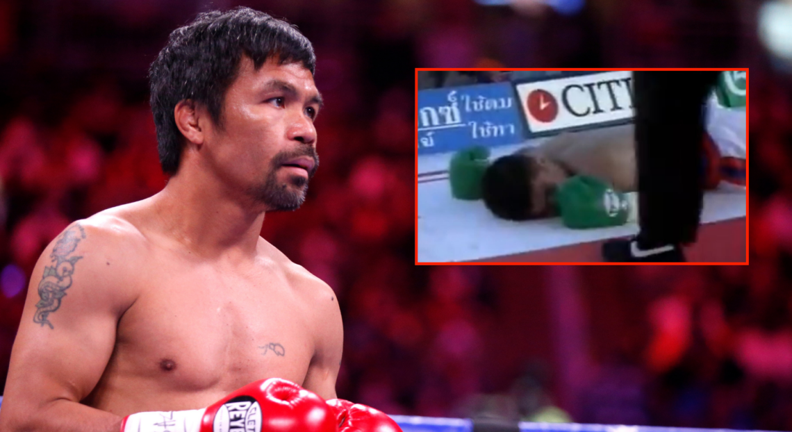 Manny Pacquiao enters the ring for his fight with Yordenis Ugas, inset Chatchai Sasakul after being knocked out