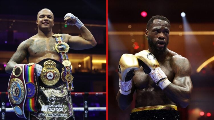 Split image of Fabio Wardley celebrating beating Frazier Clarke and Deontay Wilder during his fight with Zhilei Zhang
