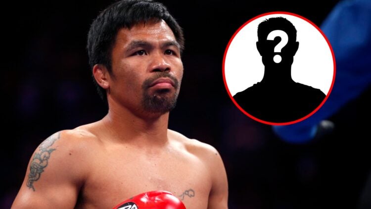 Manny Pacquiao in the ring with inset of mystery silhouette