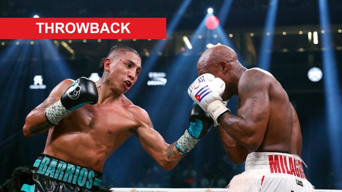 Mario Barrios throws a punch at Yordenis Ugas during their 2023 fight