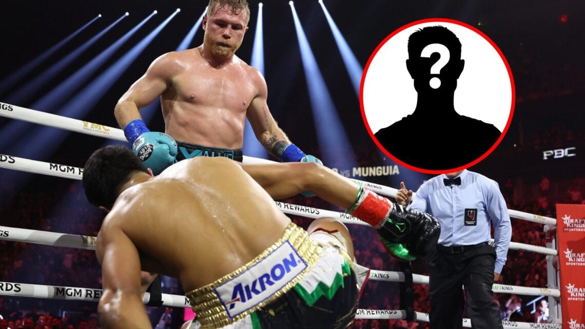 Canelo stood over a floored Jaime Munguia with inset of mystery silhouette
