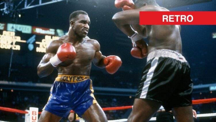 Evander Holyfield fighting Bert Cooper with retro label