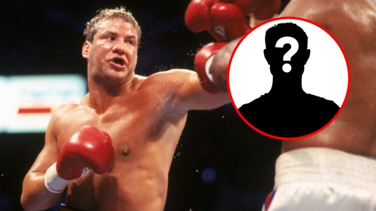 Tommy Morrison vs George Foreman with inset of mystery silhouette