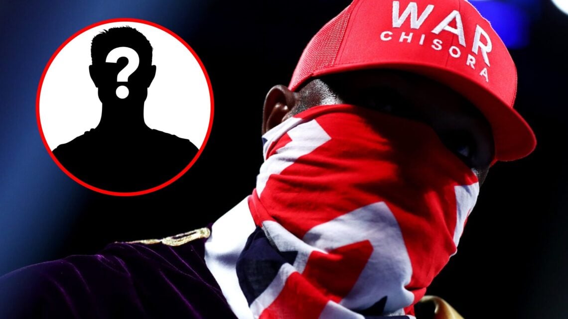 Derek Chisora with a bandana around his face with inset of mystery silhouette