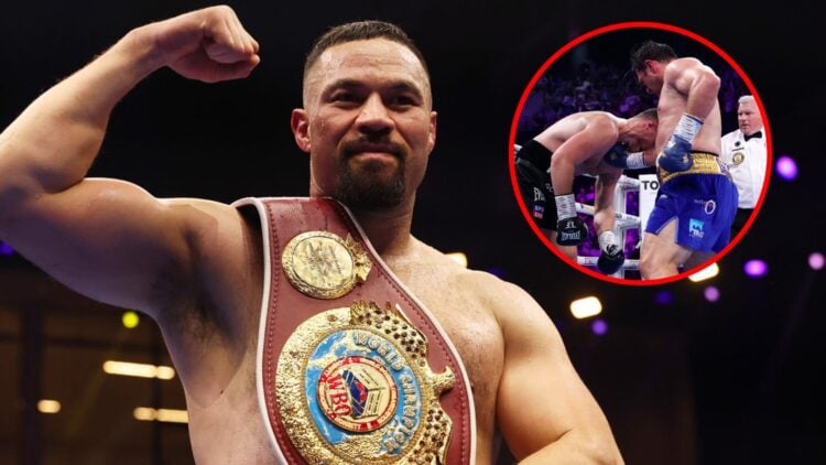 Joseph Parker stood in the ring holding a belt with inset of Dave Allen landing an uppercut on Johnny Fisher