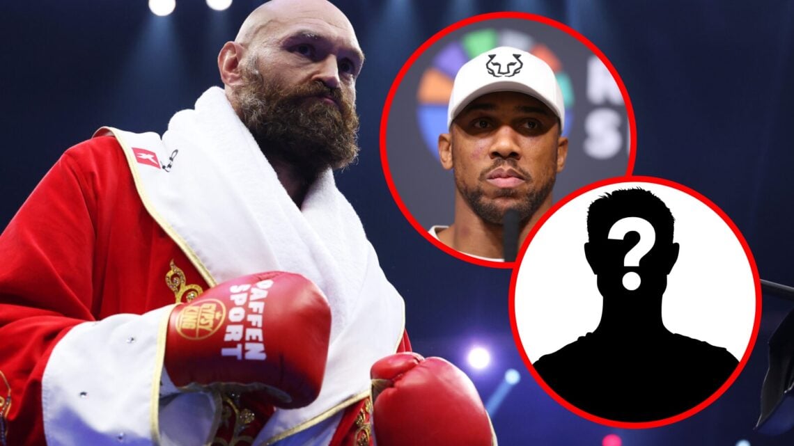 Tyson Fury in the ring for his fight with Oleksandr Usyk with inset of Anthony Joshua looking sad at post fight press conference with Dubois and in...
