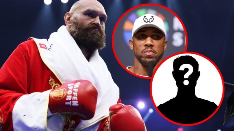 Tyson Fury in the ring for his fight with Oleksandr Usyk with inset of Anthony Joshua looking sad at post fight press conference with Dubois and in...
