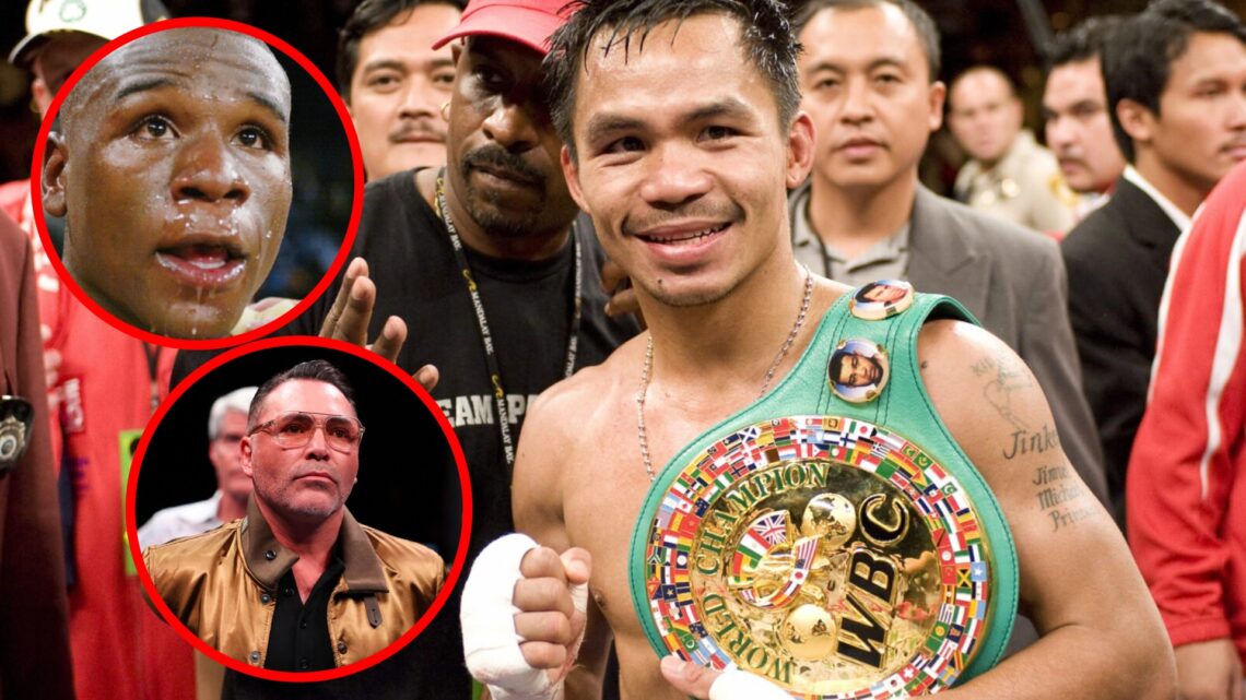 Manny Pacquiao in the ring with a belt with inset of young Floyd Mayweather covered in sweat and Oscar De La Hoya looking grumpy