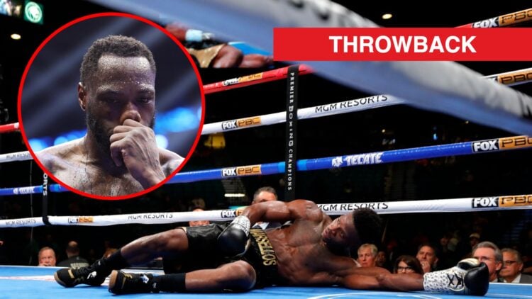 Marsellos Wilder on the canvas after being KO'd with inset of Deontay Wilder looking upset after his loss to Zhang
