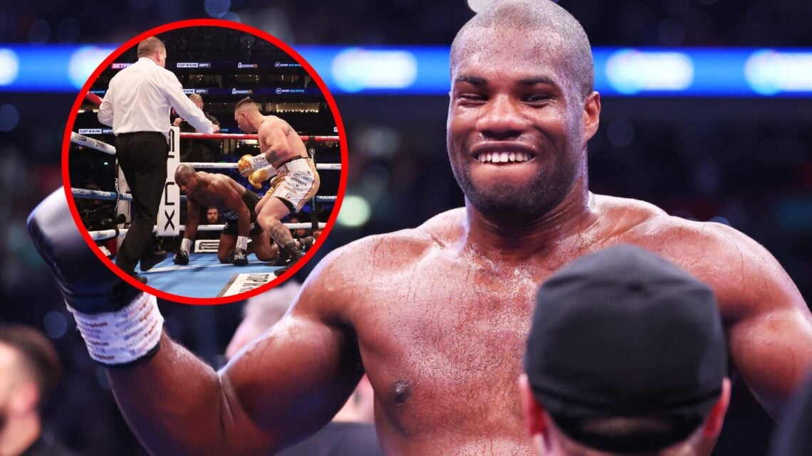 Daniel Dubois smiling after a win with inset of Dubois on the canvas after being dropped by Kevin Lerena