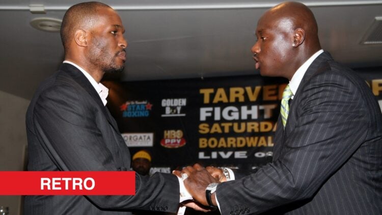 Image of Bernard Hopkins and Antonio Tarver shaking hands with retro label