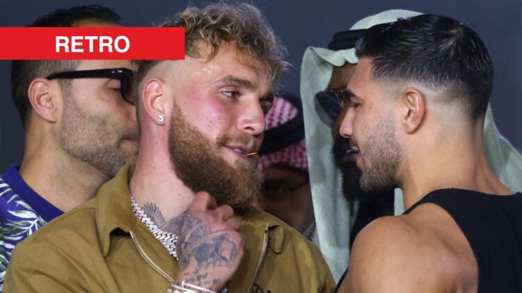 Image of Jake Paul and Tommy Fury facing off with retro label