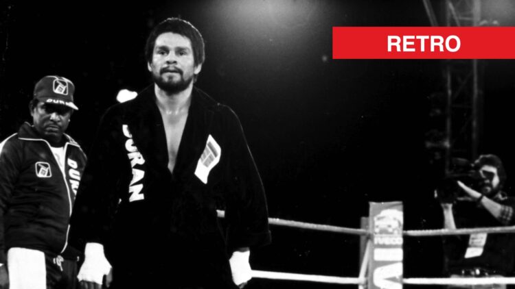 Roberto Duran in ring with retro label