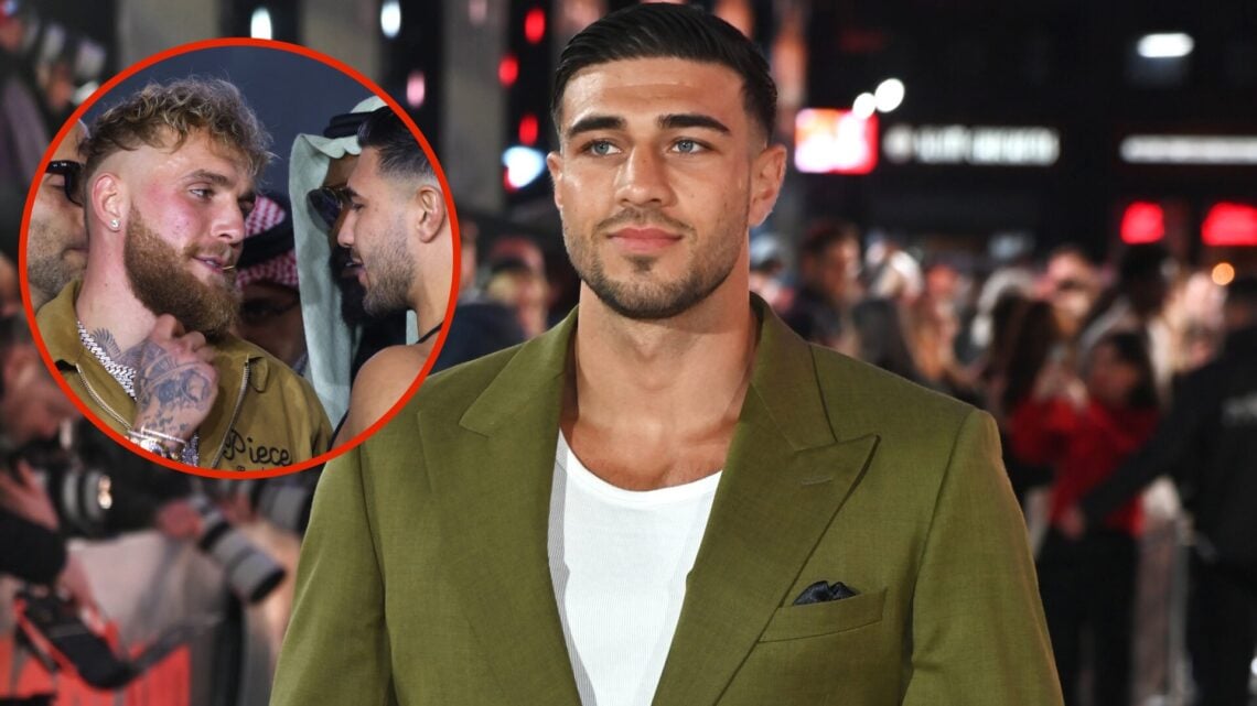 Image of Tommy Fury at premiere with inset of Jake Paul facing off with Tommy Fury