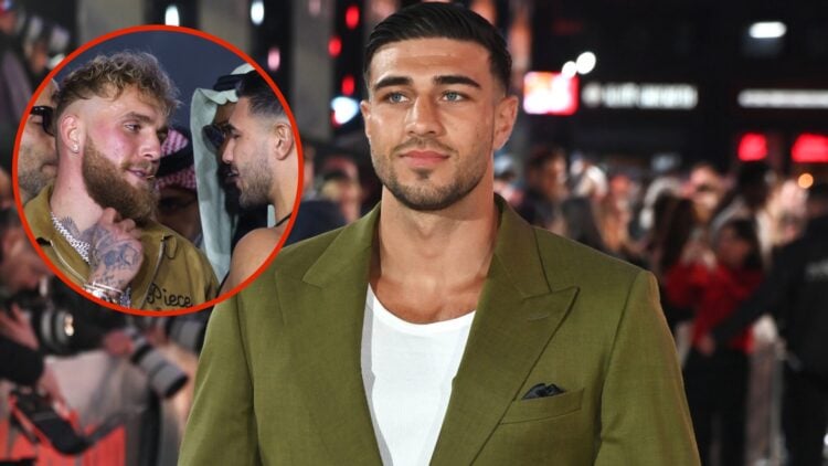 Image of Tommy Fury at premiere with inset of Jake Paul facing off with Tommy Fury