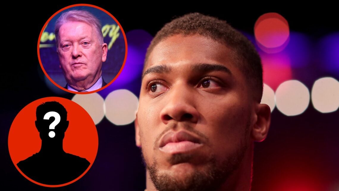 Image of Anthony Joshua with insets of Frank Warren and Mystery Figure