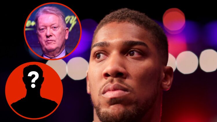 Image of Anthony Joshua with insets of Frank Warren and Mystery Figure
