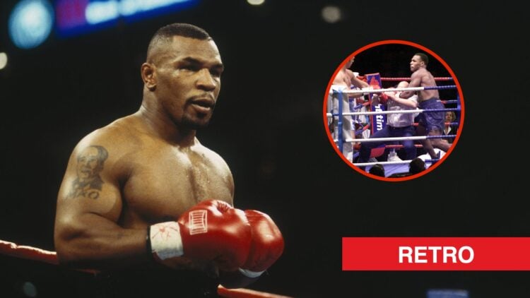 Image of Mike Tyson with inset of Mike Tyson knocking down referee with retro label