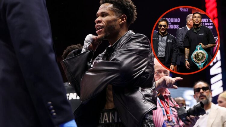 Image of Devin Haney with inset of Manny Pacquiao and Mario Barrios